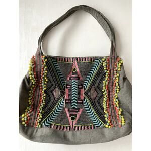 America & Beyond Embroidered Shoulder Bag Boho Tribal Canvas Leather Purse